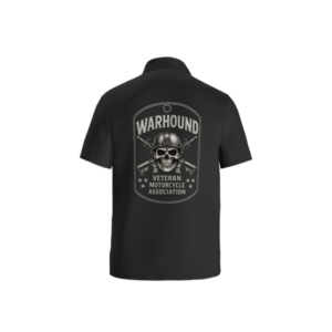 Back of black Warhound VMA short-sleeve work shirt with full dog-tag design