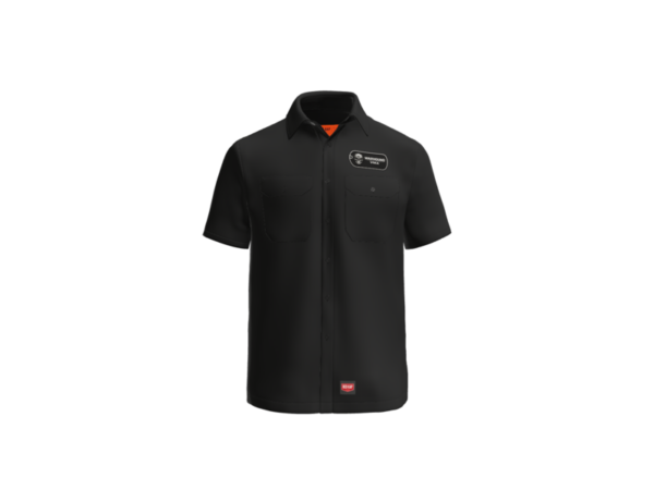 Front of black Warhound VMA short-sleeve button-front work shirt with left-chest logo